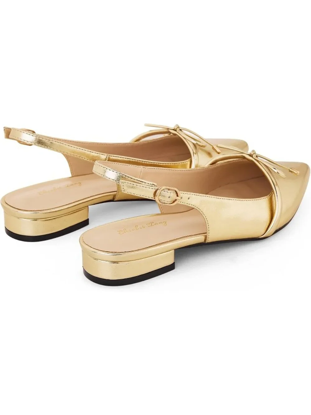 Women's Gold Slingback Flats Closed Pointed Toe Bow Low Block Chunky Heel Shoes